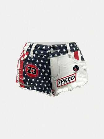 ROMWE Avant Plus Size American Flag Patchwork Distressed Low Waist Denim Shorts