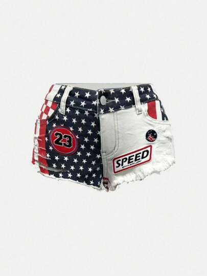 ROMWE Avant Shorts in jeans con orlo sfrangiato, a vita bassa, con applicazioni a toppework della bandiera degli Stati Uniti occidentali