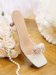 CUCCOO HITCHD Women's Flash Rhinestone Pearl Beaded Square Toe Low Kitten Heels Elegant Romantic White Transparent PVC Dress Shoes, Bridal Wedding High Heels Sandals, Chic For Formal Events, Parties And Weddings - Beige - View 14