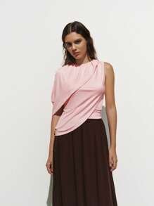 SHEIN LUNE Blusa de moda para mujer con un hombro, cuello con volantes y bajo asimétrico - Rosa Pálido - Ver 1