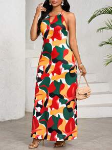 SHEIN Lady Women's Full Print Cutout Fitted Maxi Vacation Dress - Multicolor - View 3