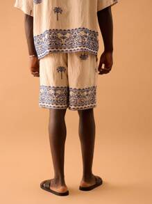 Musero Pantaloncini in lino da uomo con ricamo di palme, adatti per ed estate, vacanze, spiaggia, eventi e festival, stile Ibiza - Multicolore - Visualizzare 3