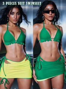 Swim EVENT Women's Plain Ruffled Halter Tie Bikini Set With Mini Skirt For Summer Beach Vacation - Multicolor - View 1