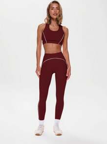 Musera Sport High Rise Contrast Piping Leggings Active Workout Gym Gym Fitness - Burgundy - View 6