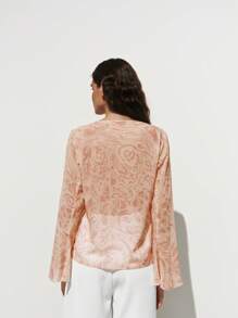 Lumivelle Women's Fashion Lace-Up Flare Sleeve Chiffon Printed Blouse