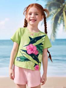 Shark Week X SHEIN Young Girl Shark And Letter Graphic Round Neck Short Sleeve T-Shirt - Green - View 8