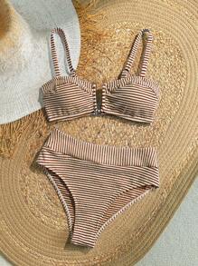 SHEIN VCAY Bộ đồ bơi bikini sọc gợi cảm đi biển mùa hè cho nữ - màu nâu - Xem 4