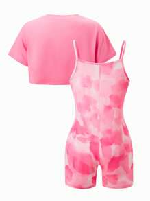 SHEIN Explorewe Tween Girls' Simple Fashion Casual Daily Pink Short Sleeve Romper Set Outfit For Girls Summer Girls Outfit - Pink - View 5