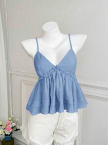 Elamini Women Solid Color Babydoll Cami Top, Fashionable For Summer - Dusty Blue - View 5