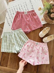 LMoss Kids Conjunto de 1 + 3 para niña, compuesto por pantalones cortos integrados con parche, lazo y estampado de letras, adecuado para el hogar, salidas, deportes y compras