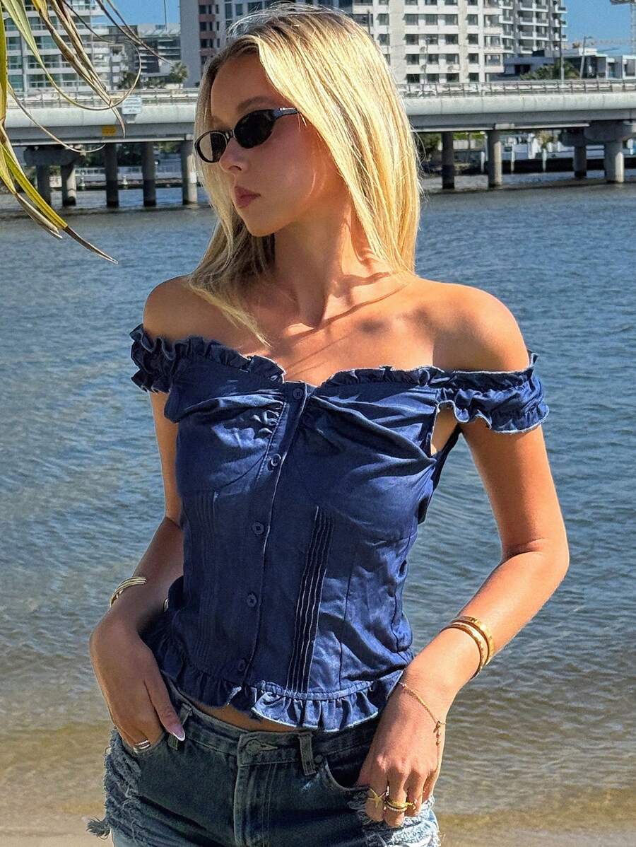 DAZY Damen Einfarbige Passende Gefaltete Elegante Sommer Strand Bluse Top Ausgehen Tops Urlaub Babydoll Top - Blau - Übersicht 1