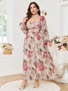 Modelyn Plus Size Floral Print Chiffon Long Sleeve Waist A-Line Midi Dress, Regular Fitting For Spring And Summer