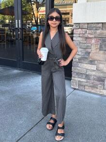 Nova Glow Tween Girl 时尚 V 领蓝色条纹连体裤休闲通勤裤 - 藍色 - 查看 4