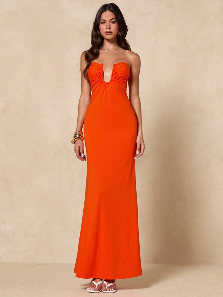 SHEIN BAE Váy Bandeau màu cam trơn mùa hè dành cho nữ có khóa kim loại hình chữ U, eo bó, viền loe, thích hợp cho các sự kiện, tiệc tùng, kỳ nghỉ, đám cưới - trái cam - Xem 1