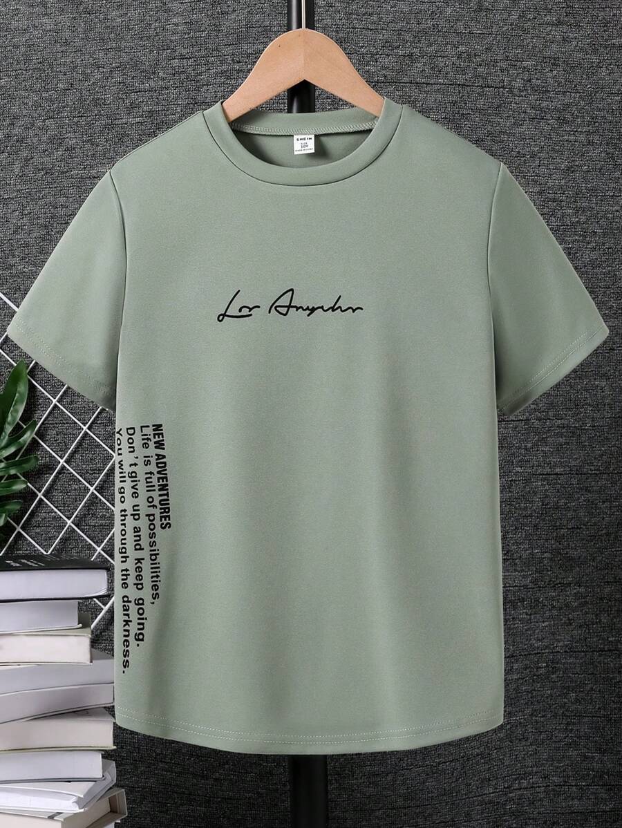 SHEIN 青少年男孩休闲标语印花短袖 T 恤，夏季 - 綠色 - 查看 1