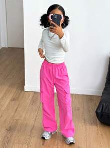 SHEIN 2pcs Tween Girls Cargo Pants With Pockets & Long Sleeve Top All-Match Street Casual Outfit Set - Multicolor - View 3