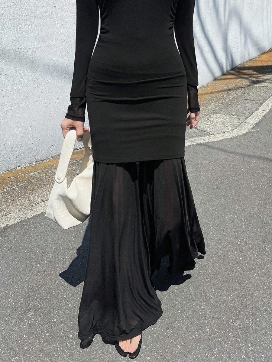 FRIFUL Women's Long Mesh Patchwork Dress, Slim Waist Flowy Solid Color, Suitable For Holiday, Graduation, Vacation,Fall Dress - Black - View 1