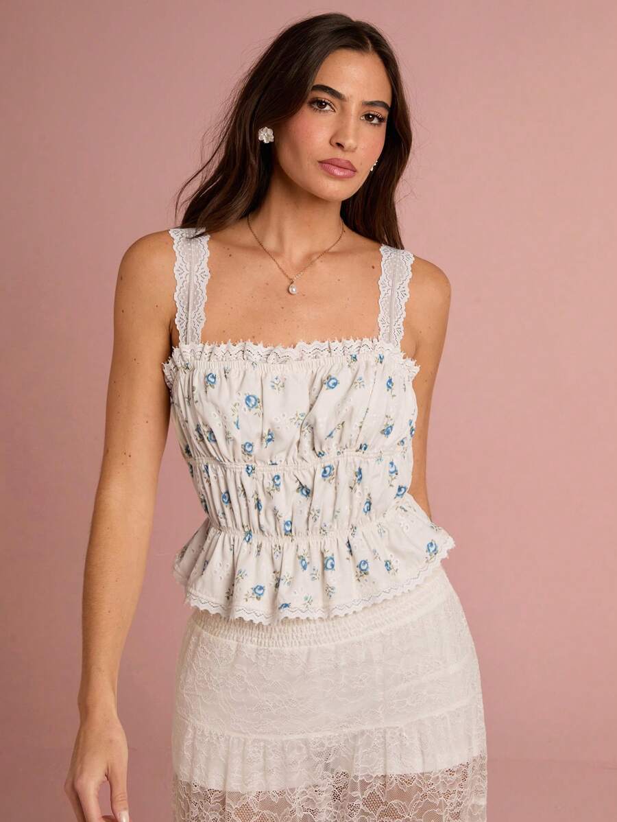 Camiseta de tirantes de mujer con estampado floral diminuto, encaje de contraste y volantes - Azul - Ver 1
