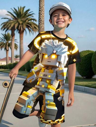 SHEIN MC ANGEL，青少年男孩休闲简约短袖圆领两件套，适合夏季