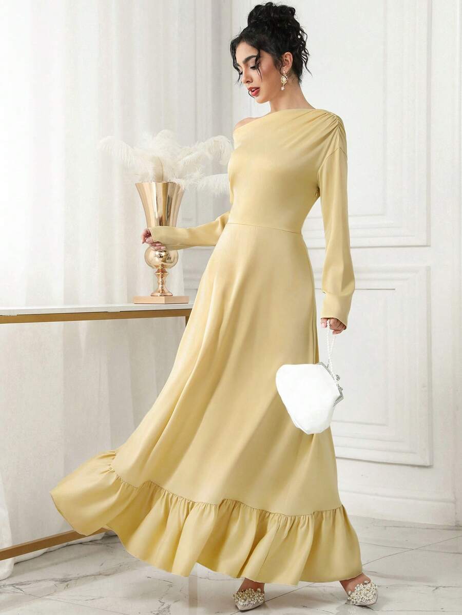 Modelyn Đầm dài tay thanh lịch cổ lệch màu trơn cho nữ - Màu Mù tạt vàng - Xem 1