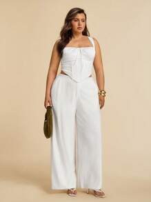 SHEIN BAE Plus Size Women Spring And Summer White Linen Asymmetric Long Wide-Leg Pants, Mid-Waist/High-Waist Pants, Commuting, Going Out, Daily Leisure,Fourth Of July Women,4th Of July,4th Of July Curve, Vacation,Vacay,Club Sexy,Birthday,Airport For Women,Graduation - White - View 1