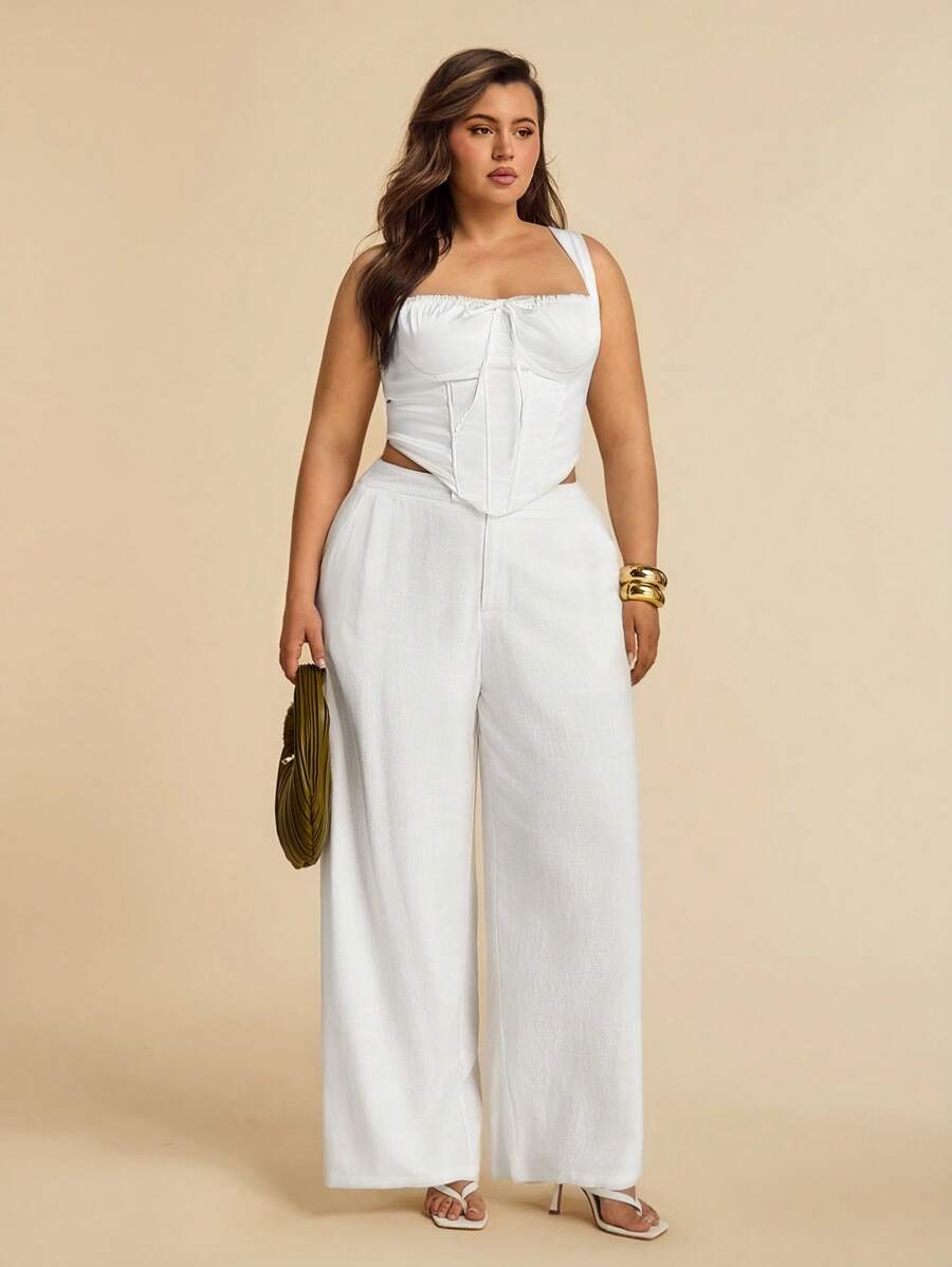 SHEIN BAE Plus Size Women Spring And Summer White Linen Asymmetric Long Wide-Leg Pants, Mid-Waist/High-Waist Pants, Commuting, Going Out, Daily Leisure,Fourth Of July Women,4th Of July,4th Of July Curve, Vacation,Vacay,Club Sexy,Birthday,Airport For Women,Graduation - White - View 1
