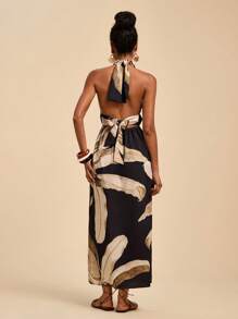 Travachic 大码女式露肩花卉印花长裙 - 黑色 - 查看 3