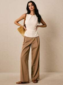 Poéselle Áo vải lanh, thiết kế xẻ tà, đơn giản và thời trang, phong cách cổ điển, áo ba lỗ không tay bó sát tối giản màu trơn mùa hè cho nữ - Màu Khaki - Xem 1