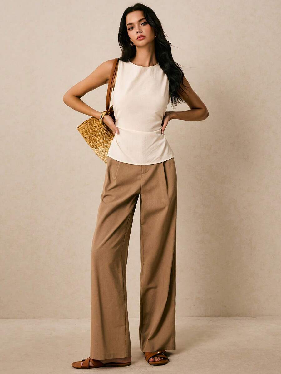 Poéselle Áo vải lanh, thiết kế xẻ tà, đơn giản và thời trang, phong cách cổ điển, áo ba lỗ không tay bó sát tối giản màu trơn mùa hè cho nữ - Màu Khaki - Xem 1