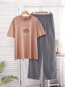 2 件男士简约米色酷熊印花短袖上衣和格子裤休闲家居服套装 - 杏色 - 查看 4