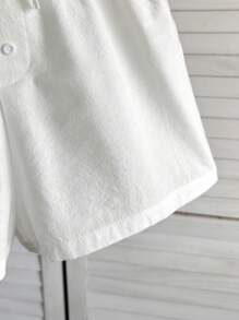 SHEIN Tween Girls Casual Solid White Front Button Drawstring Waist Shorts