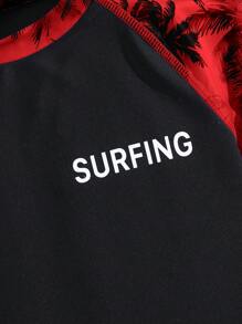 SHEIN 2pcs/Set Tween Boy Casual Vacation Letter & Palm Tree Printed Swimwear Set, Top & Bottoms, Swimsuit, Cost-Effective Beachwear, Swimming, Surfing