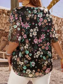 EMERY ROSE Plus Size Women Floral Print Ruffle Sleeve Loose Blouse Vacation Summer Tunic Top,Flower/Spring - Black - View 2