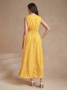 Amorya 女士無袖花卉印花集褶腰裙 - 黃色 - 查看 2