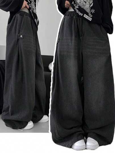 DAZY Celana Jeans Wanita Ekstra Longgar dengan Belahan Pergelangan Kaki yang Berlebihan dan Potongan Lebar, Celana Jeans Longgar