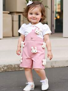 SHEIN Baby Girls 2025 Summer New Sweet Style Short Sleeve Top + Suspender Shorts Outfit, With Lovely Rabbit Decor - Pink - View 1