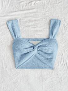 Soleia Áo croptop nữ màu xanh dương dệt kim ánh kim, kiểu dáng xoắn trước, khoét lưng, thích hợp cho kỳ nghỉ. - Màu xanh lam - Xem 4