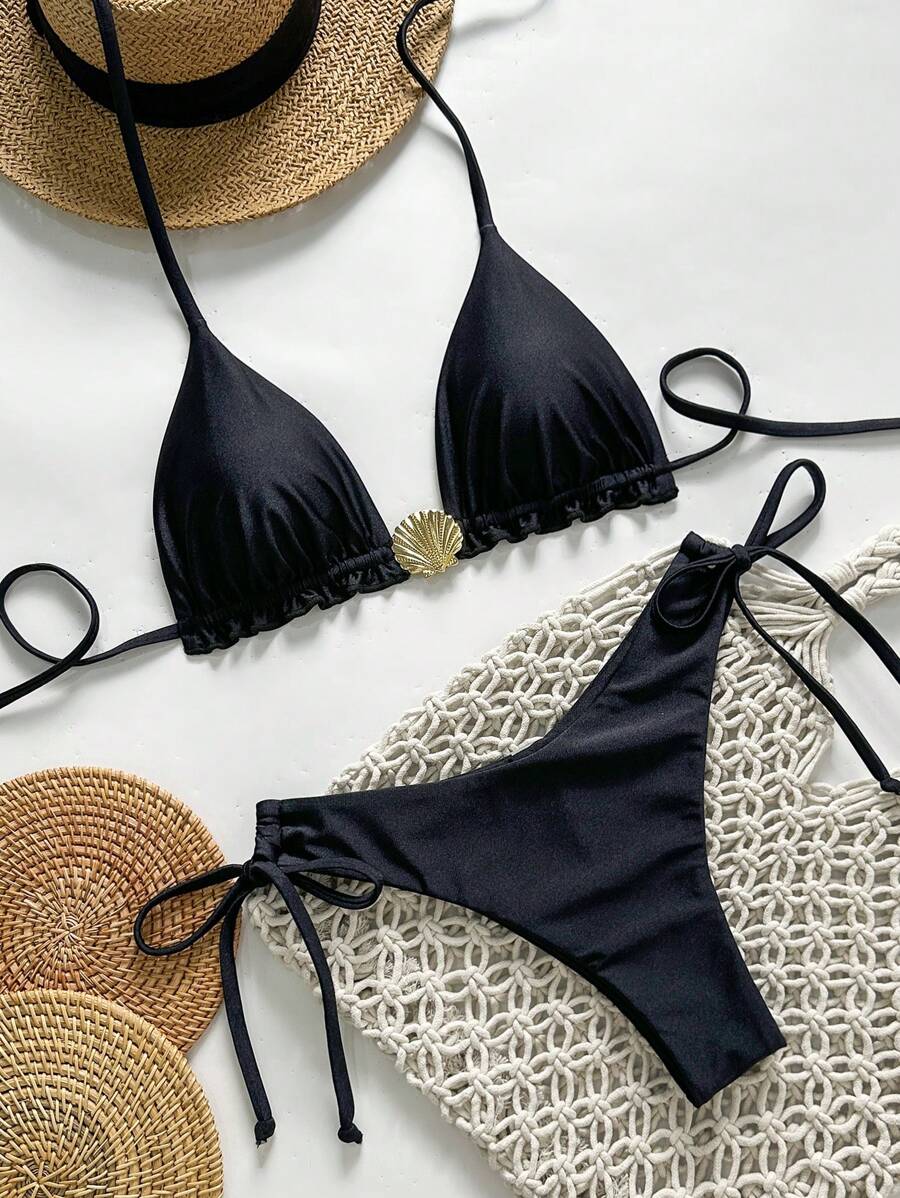 Swim Vcay Springbreak Women's Solid Color Spaghetti Strap Metal Shell Decor Tie Side Simple Bikini Set, Summer - Black - View 1