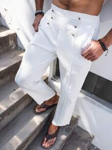 Manfinity Homme Men's Cotton Linen Button Front Pocket Casual Pants - White - View 5