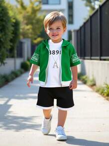 Set de 2 piezas (Sudadera con capucha deportiva informal de estilo universitario + Pantalones cortos) para niño, adecuado para uso escolar y diario, para primavera/verano