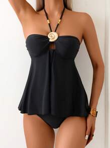 Swim Lushoire Bộ 2 áo crop top và bikini dây mảnh vải đen họa tiết vỏ sò vàng phong cách kỳ nghỉ - màu đen - Xem 2