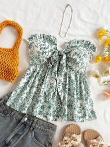 SHEIN PETITE CURVE Blusa sin mangas con volantes y nudos estampados para mujer talla grande