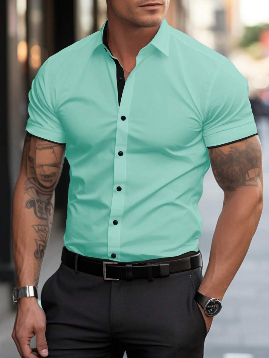 Manfinity Mode Camisa de verano de manga corta de un solo pecho de color verde menta de moda para hombres - Azul menta - Ver 1