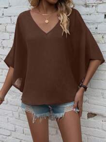EMERY ROSE Women's Solid V-Neck Batwing Sleeve Loose Casual Fall Blouse Top - Brown - View 6