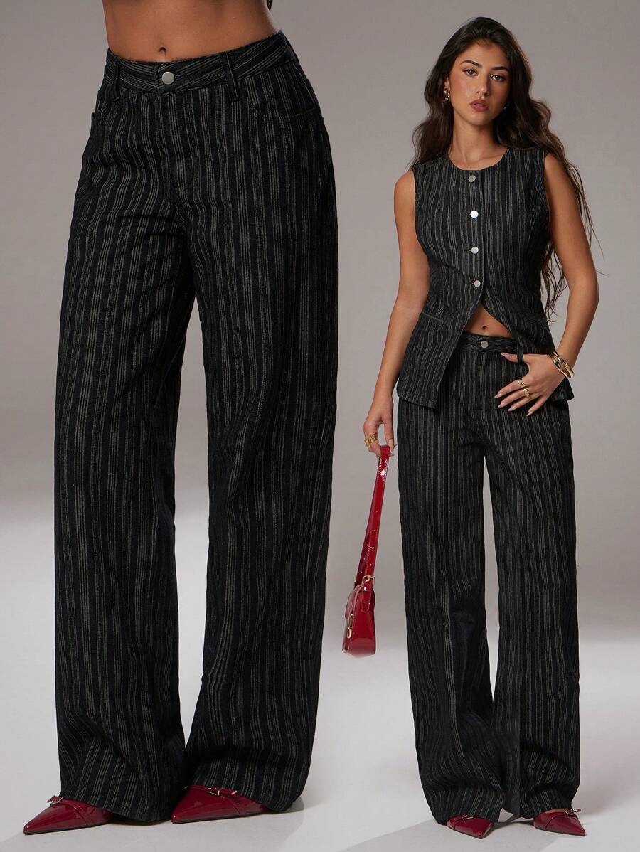 Avantive Office Cowgirl Graduation Jeans Formal 90s Business Casual Wear, Western-Style For Going Out, Fashionable And Casual Millennium, Club Office Retro And Elegant Old Money Street Wear, Basic Black Washed Loose Straight And Wide-Leg Jeans - Black - View 1