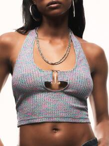 TypaGal Vacation Style Iridescent Ribbed Halter Neck Self Tie Design Tank Top - Multicolor - View 1