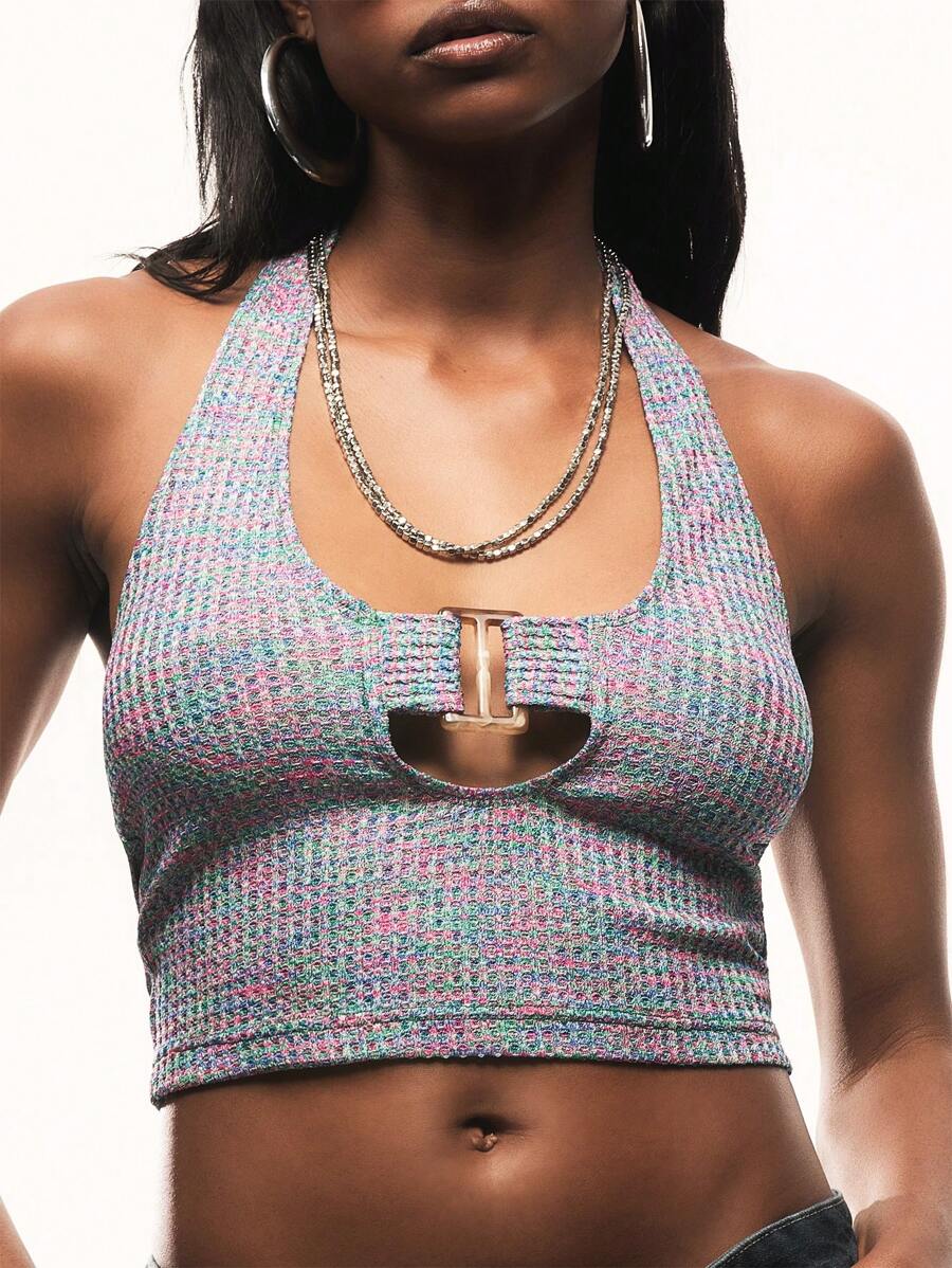 TypaGal Vacation Style Iridescent Ribbed Halter Neck Self Tie Design Tank Top - Multicolor - View 1