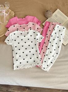 SHEIN LMoss Kids 6件套女婴舒适亲肤心形图案荷叶边圆领短袖睡衣套装（含裤子）