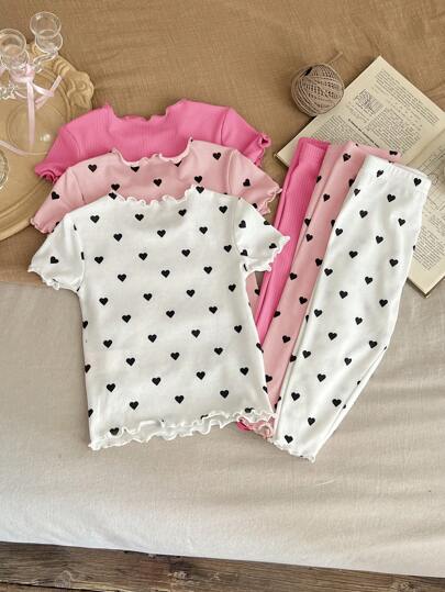 SHEIN LMoss Kids 6件套女婴舒适亲肤心形图案荷叶边圆领短袖睡衣套装（含裤子）