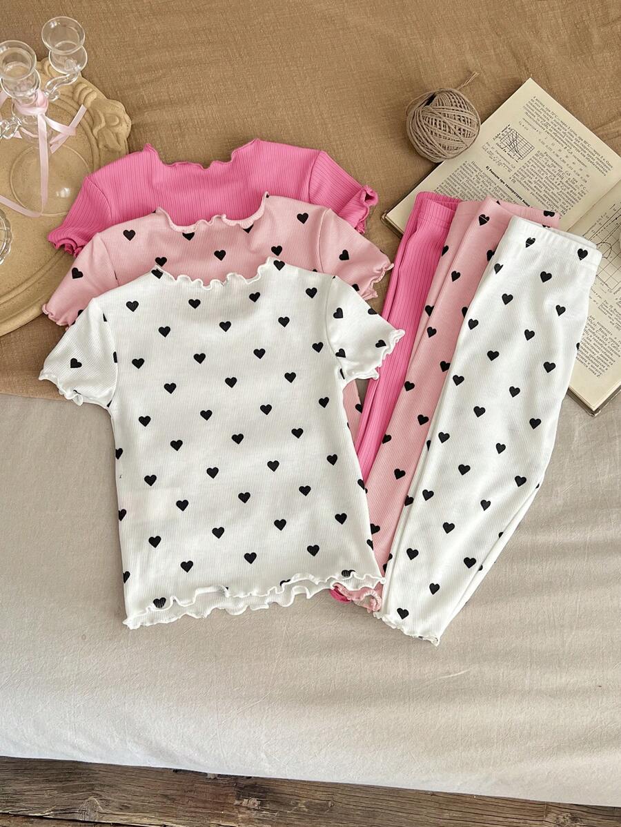 SHEIN LMoss Kids 6件套女婴舒适亲肤心形图案荷叶边圆领短袖睡衣套装（含裤子）